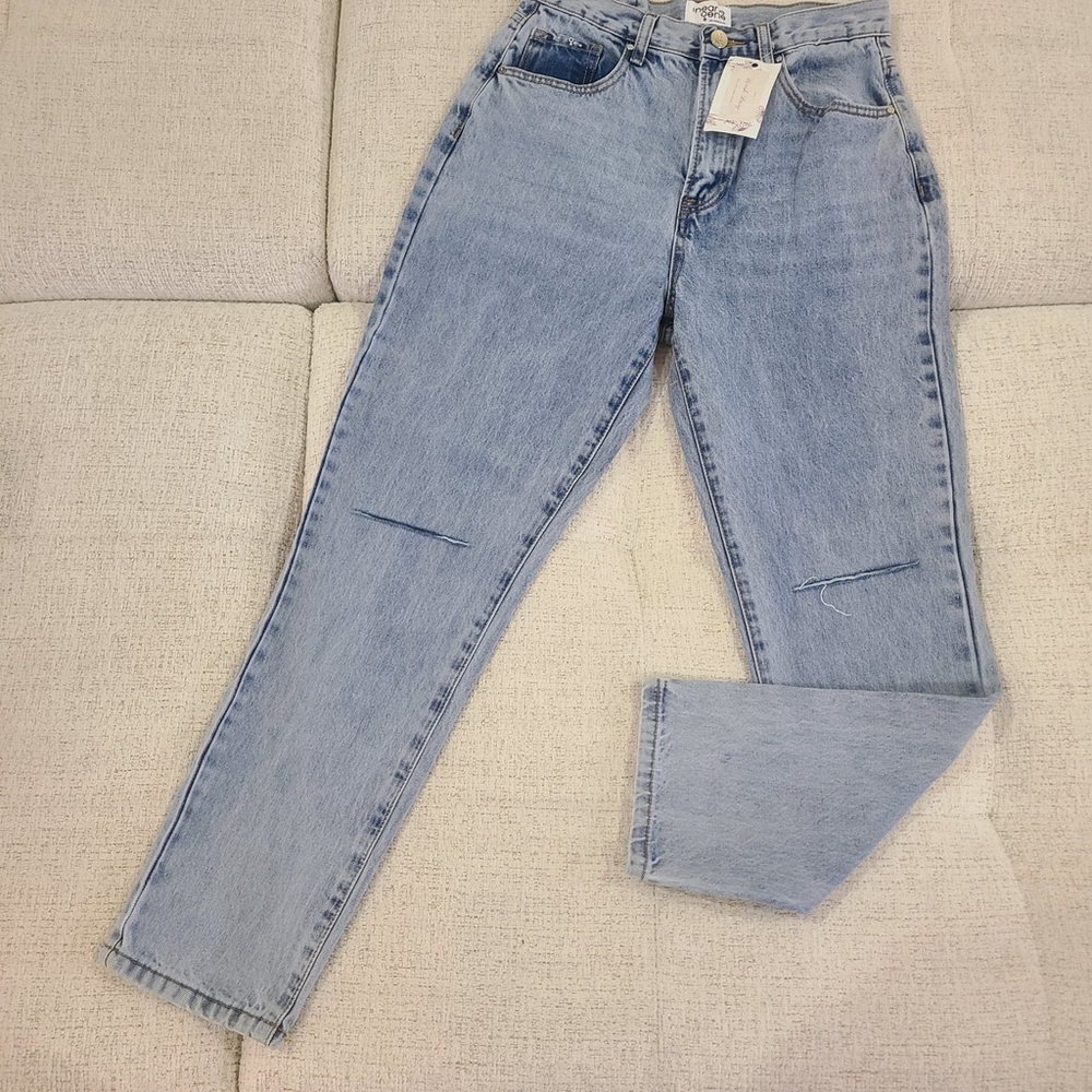 NEW Insane Gene High Rise Straight Leg Mom Jeans Distressed Knee Sz 7 Waist 27
